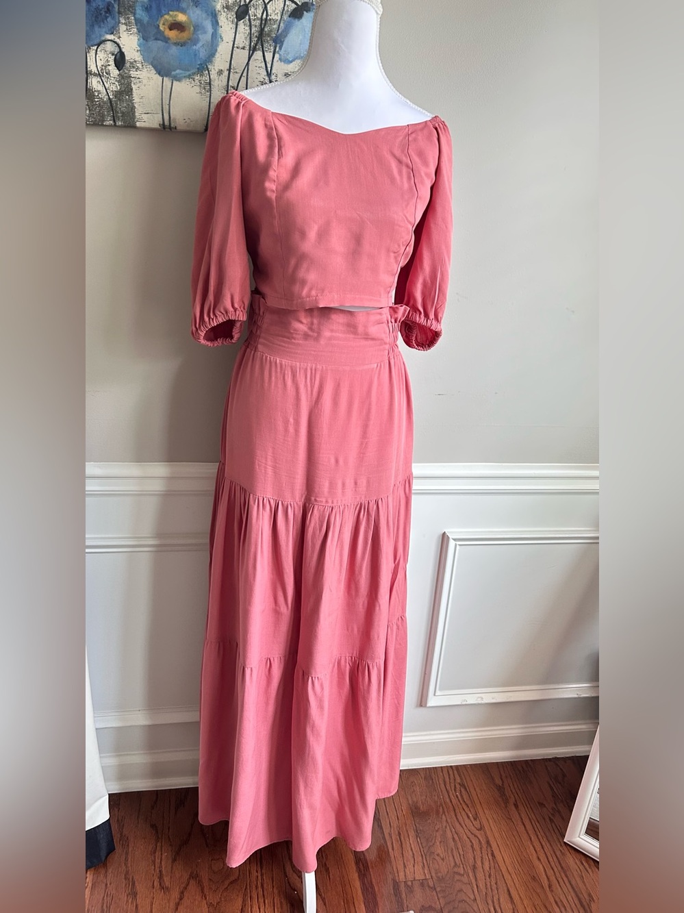 Pink Two-Piece Maxi Set - Crop Top & Tiered Skirt